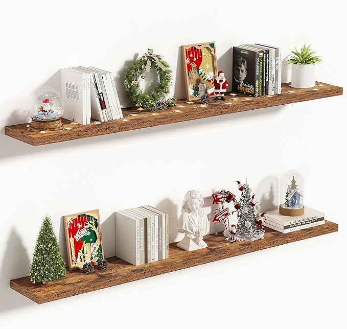 Vivelove 10 Inch Deep Floating Shelves 55 inch Long, 55 x 10 Wide Wall Shelves with Invisible Brackets, for Bedroom Bathroom Living Room Kitchen Office, Farmhouse Home Decor, Set of 2, Rustic Brown