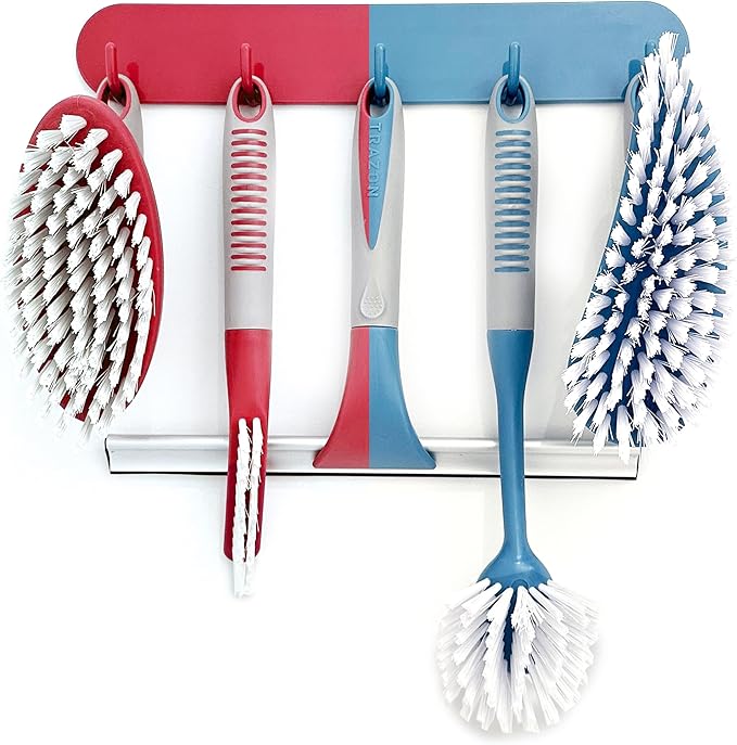 Scrub Brush Set of 6 pcs - Red or Blue Randomly Color, Cleaning Shower Scrubbers with Squeegee for Shower Glass & Adhesive Wall Hooks Including Grout Cleaner Brush for Cleaning Bathroom, Tile