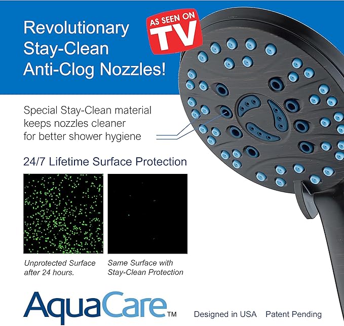 Hotel Spa AquaCare High Pressure 8-mode Handheld Shower Head - Anti-clog Nozzles, Built-in Power Wash to Clean Tub, Tile & Pets, Extra Long 6 ft. Stainless Steel Hose, Wall & Overhead Brackets