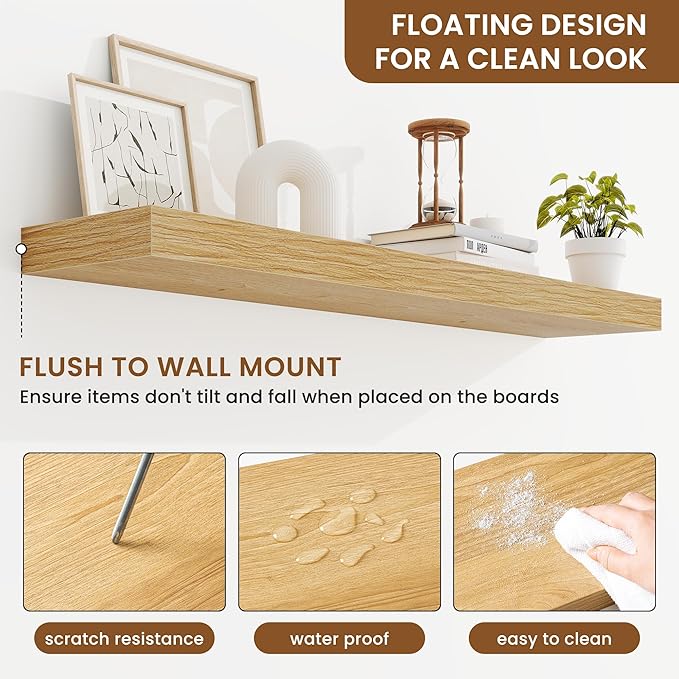 fuqing Floating Shelves for Wall, Wall Mounted Wood Floating Shelf with Invisible Brackets for Living Room, Bathroom, Bedroom, Kitchen Storage and Decor, 40 Inch Set of 2, Oak