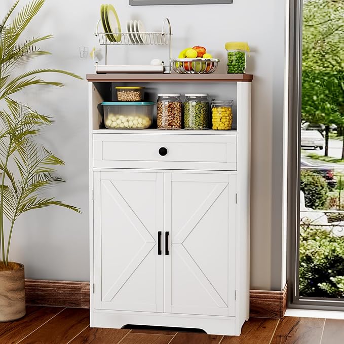 White Floor Cabinet, Farmhouse Storage Cabinet with Barn Doors and Drawer, Freestanding Adjustable Shelf Cabinets for Bathroom, Kitchen, Living Room