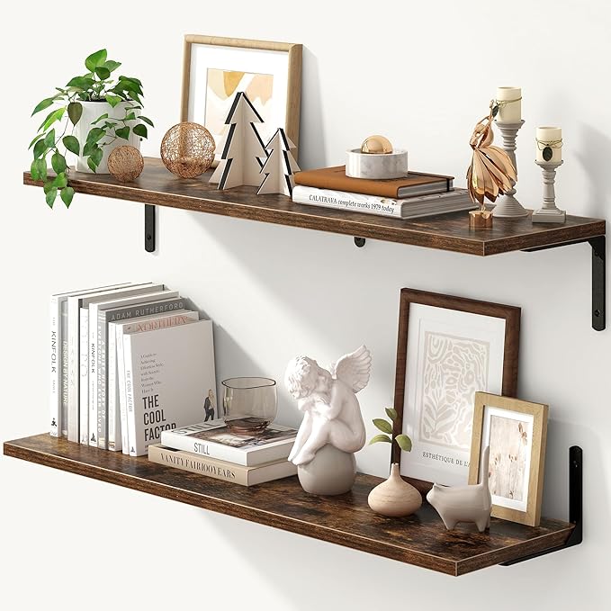 Fun Memories Deep Floating Shelves, 36W x 8D Floating Shelves Set of 2, Wall Mounted Shelf with Metal Brackets, Rustic Wood Wall Shelf for Bathroom, Kitchen and Living Room, Rustic Brown