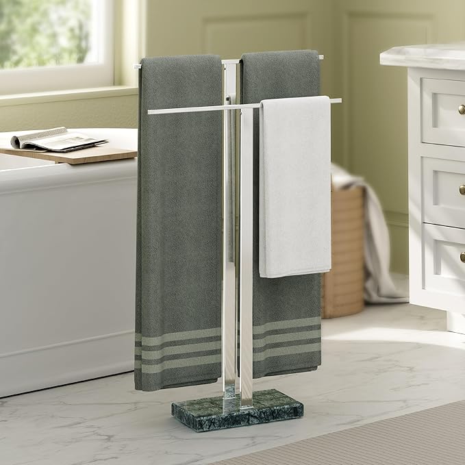 KES Standing Towel Rack with Green Natural Marble Base, 2-Tier Bath Towel Holder Stand for Bathroom Floor, Fits Bath Towel & Hand Towel, Polished Finish, BTH217-GPS