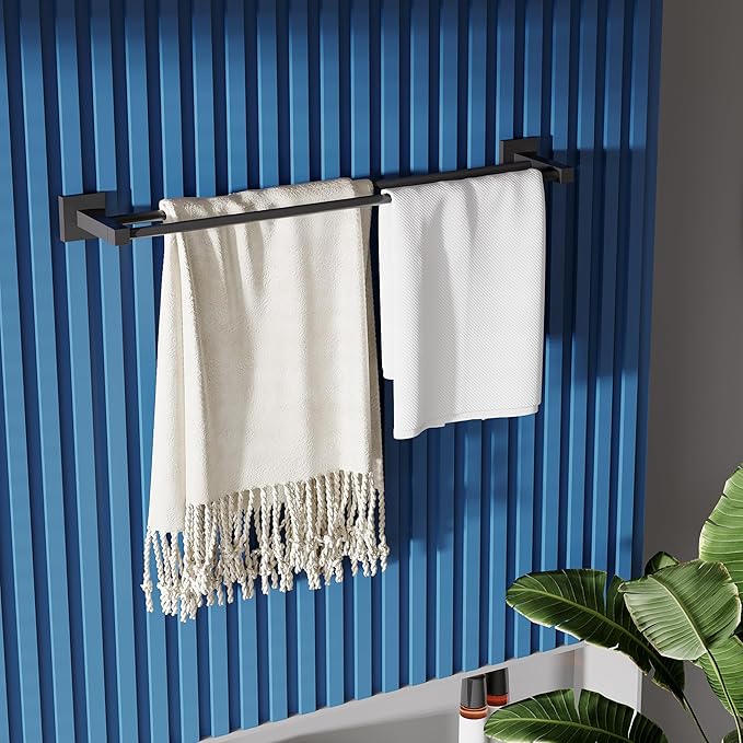 RUACQ Double Towel Bar, 24 Inch Bath Towel Rack for Bathroom, Square Base Hand Towel Holder, 304 Stainless Steel Towel Hanger Wall Mounted,Heavy Duty(Matte Black)