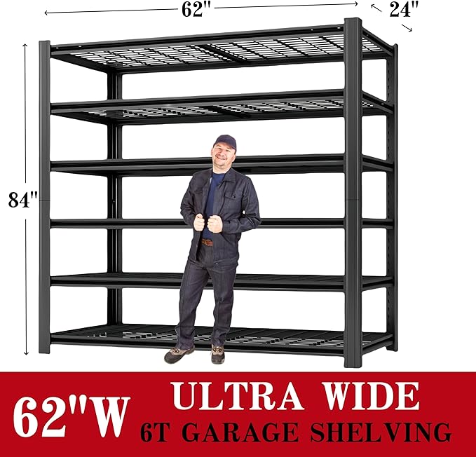 6T 62" W x 24" D x 84" H Garage Shelving Heavy Duty Metal Shelving 4200LBS Storage Shelves Adjustable Metal Shelves for Storage Industrial Garage Shelves for Warehouse Basement