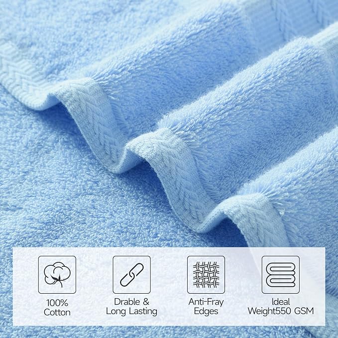 REDKISS Blue Towel Set of 8-100% Cotton Luxury Bath Towels Set for Bathroom, 600 GSM Highly Absorbent Bathroom Towel with 2 Large Bath Sheet, 2 Hand, 4 Washcloths, Blue Shower Towels for Dorm