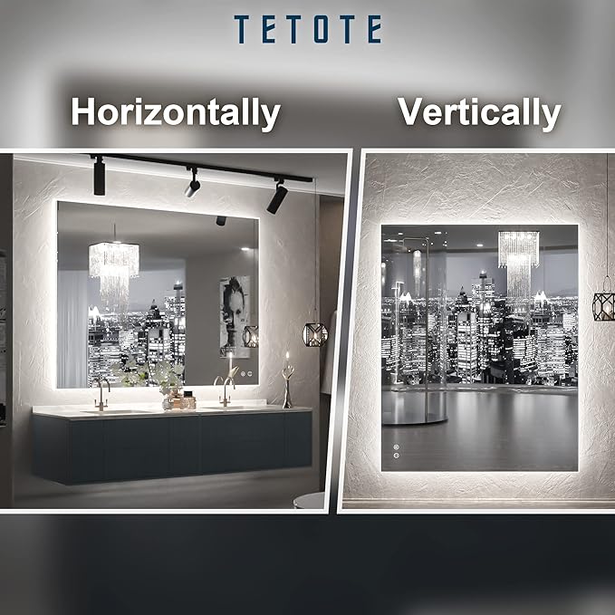 TETOTE 40 x 32 LED Backlit Bathroom Mirror with Light,3Color White/Warm/Natural,Anti-Fog Lighted Mirror,Dimmable,Vanity Mirror,Wall Mounted