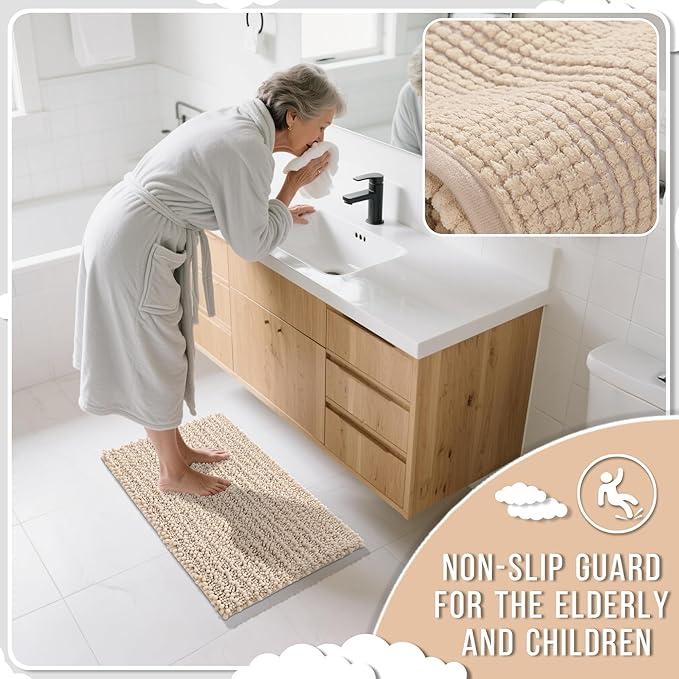 Yimobra Bathroom Rugs Non Slip Washable - Ultra Soft Absorbent Chenille Bath Mat, Quick Dry Shaggy Floor Carpet for Tub Shower, Light Brown Home Decor Accessories, 24x17 Inch