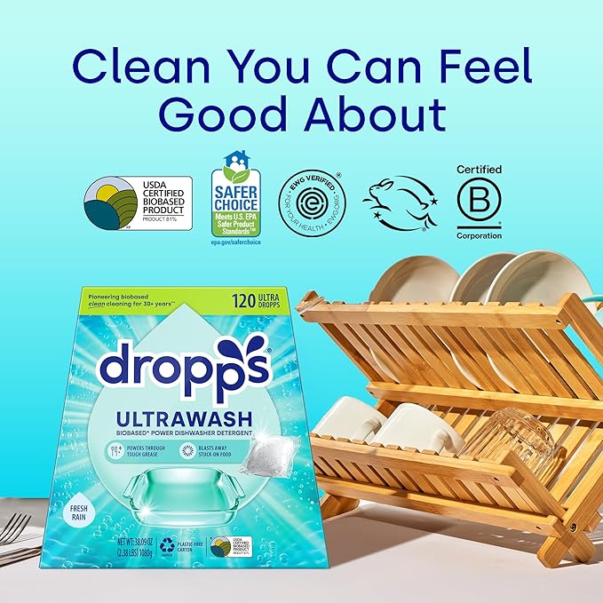 Dropps UltraWash Dishwasher Pods, Fresh Rain (120 Count) - Biobased Power Deep Clean Dishwasher Detergent Tablets for Sparkling Shiny Dishes - No Rinse Aid or Pre-Wash Needed - Dishwashing Pods