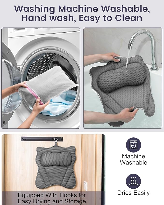 Bath Pillow, Bath Pillows for Tub Neck and Back Support, Soft 4D Air Mesh Bathtub Pillow 16.5 x 17.3 INCH, with 6 Powerful Suction Cups, Bath Accessories Relaxing Gifts for Women (Grey)
