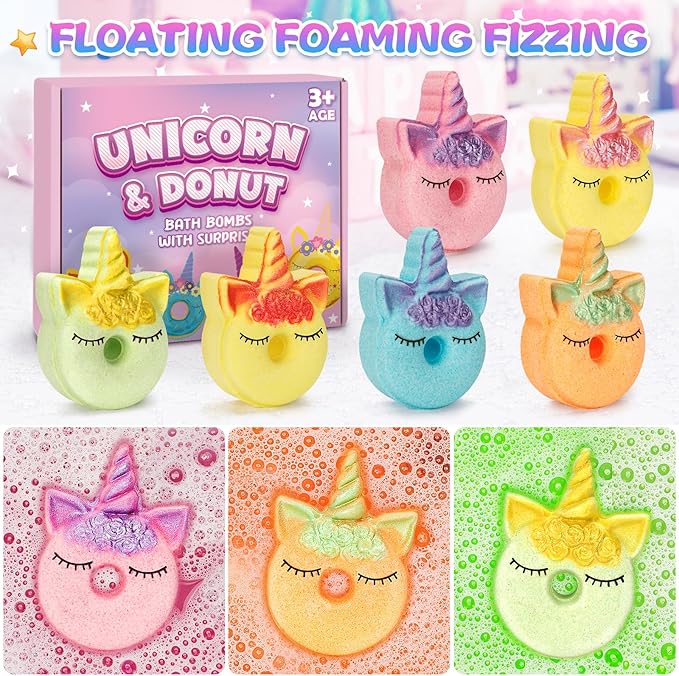 Unicorn Bath Bombs for Kids with Surprise Inside, 6 Pcs Organic Natural Bubble Bath Bombs for Girls,Christmas Birthday Gift for 3 4 5 6 7 8 Year Old Girl,Princess Bath Bomb Kit with Beautiful Toys