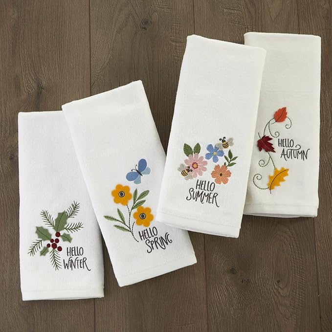SKL Home Christmas Hello Winter Holly 3D Hand Towel 2pc Set for Bath/Kitchen/Bar & Gift, White