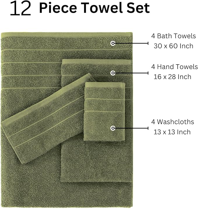 Casa Platino 100% Cotton Premium Bathroom Towel Set - 12 Pieces - Ring Spun, Quick Dry, Super Soft & Highly Absorbent - 4 Bath Towels, 8 Washcloths, 6 Hand Towels for Bathroom - Pre Shrunk - Oil Green