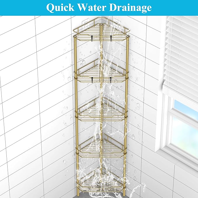 5 Tier Floor Standing Corner Shower Caddy Organizer Shelf with Hooks, Bathroom Shelves Stand Rack, Gold