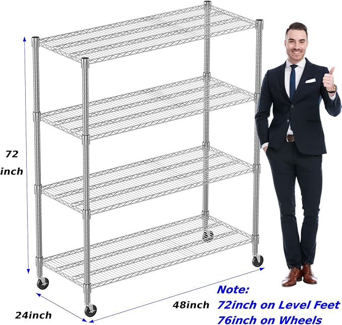 Homdox Heavy Duty Metal Shelves for Storage, 4 Tier Storage Racks and Shelving, Commercial Adjustable Wire Shelving Unit on Wheels, Garage Rack Pantry Shelves Kitchen Shelving, 24"x48"x72", Chrome