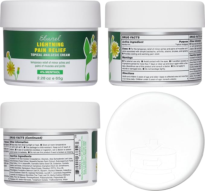 Ebanel Pain Relief Cream for Arthritis, Back, Joint, Foot, Neck, Strains & Sprains with Menthol, Camphor, Arnica, Emu Oil, MSM, Boswellia, Soothing Muscle Pain Relief Cream