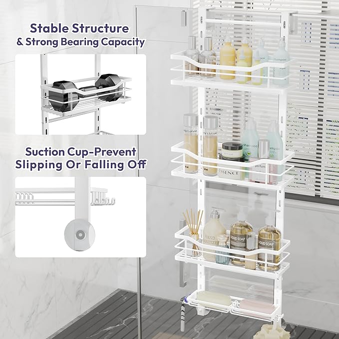 SWTYMIKI Over the Door Shower Caddy - 4 Tier Adjustable Shower Organizer Hanging with Soap Holder, No Drilling Stainless Steel Bathroom Rack Hanging for Body Wash, Shampoo, Soap, Razor, White