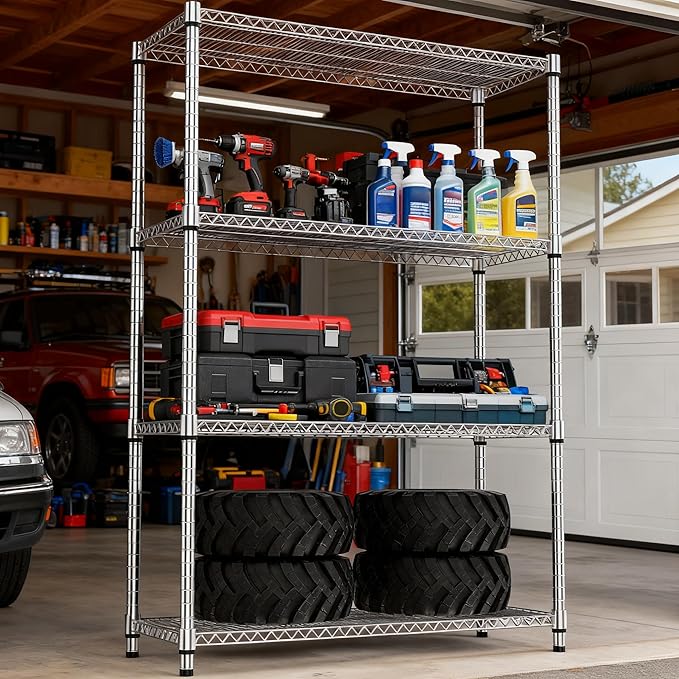 4 Tiers Shelf Metal Storage Shelves 2640 lbs Steel Storage Shelving Utility Shelving Unit Steel Organizer Wire Rack for Home,Kitchen,Office,Garage Chrome 17.7" D x 47.2" W x 70.3" H