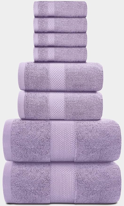 White Classic Luxury Bath Towel Set of 8 Pieces - 100% Turkish Cotton Highly Absorbent Towels for Bathroom, 2 Luxury Bath Towels 700GSM, 2 Hand Towels, 4 Washcloths, Lavender