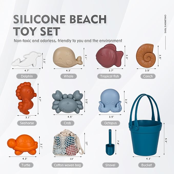 MarcZero 11Pcs Silicone Beach Toys,Modern Baby Beach Toys,Travel Friendly Beach Set,Eco Friendly Toy,Silicone Bucket, Shovel, 8 Sand Molds, Beach Bag,Silicone Sand Toys for Toddlers, Kids (Dark Blue)