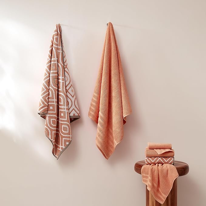 Modern Threads Oxford 6-Piece 100% Cotton Towel Set – Yarn Dyed Jacquard & Solid – Includes 2 Bath Towels, 2 Hand Towels, 2 Washcloths – Absorbent, Quick Dry, Soft & Durable – Orange