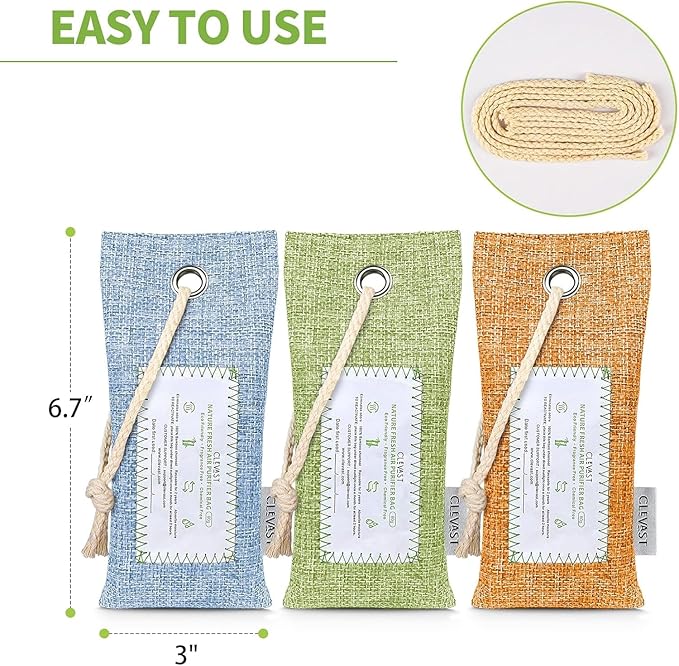 CLEVAST 6 Pack Bamboo Charcoal Air Purifying Bags(6x60g), Activated Natural Home Odor Absorber, Deodorizer and Moisture Eliminator, Purifier for Closet, Shoe, Car Air freshener, Pet Safe