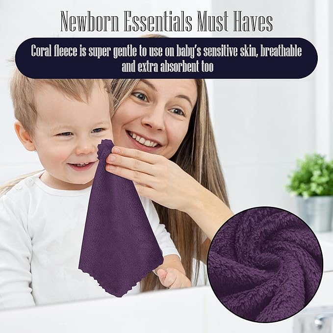 32 Pack Baby Washcloths - Luxury Coral Fleece - Extra Absorbent and Soft Wash Clothes for Newborns, Infants and Toddlers - Suitable for Sensitive Skin and New Born - Baby Shower - Plum, 10x10 Inch