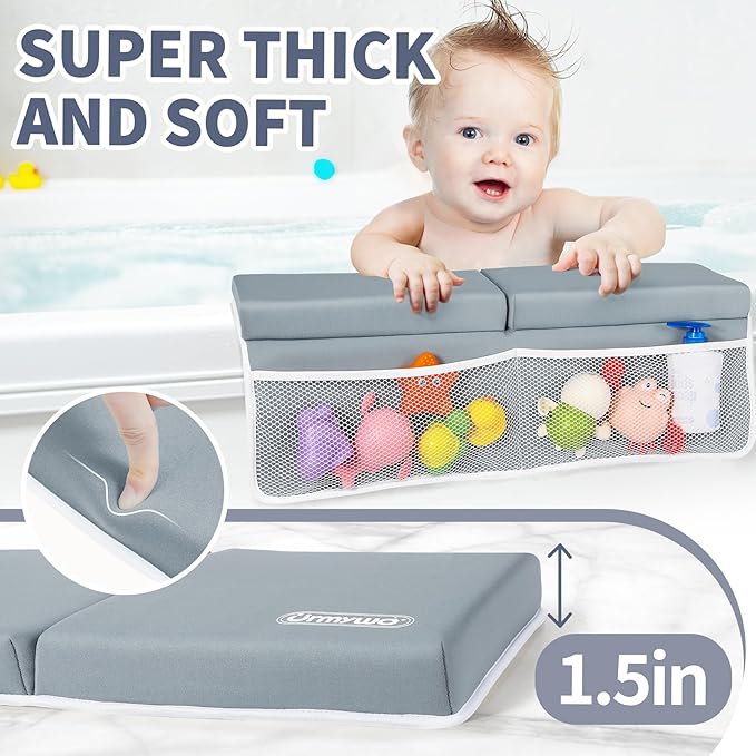 URMYWO Bath Kneeler and Elbow Rest Pad Set - 1.5" Thick Baby Bath Kneeler Pads with Toys Organizer, Anti-Slip Cozy Knee & Arm Support Bathtub Mat, Quick Dry Kneeling Pad for Baby Bath Time