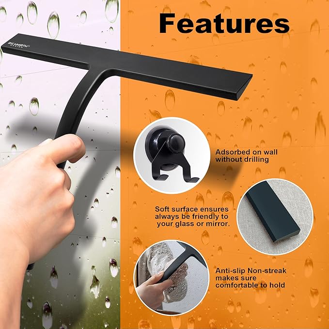 Shower Squeegee for Glass Doors 10" - All Purpose Squeegee for Window Bathroom Glass Mirror Bathroom Tile with Suction Cup Hooks - Black