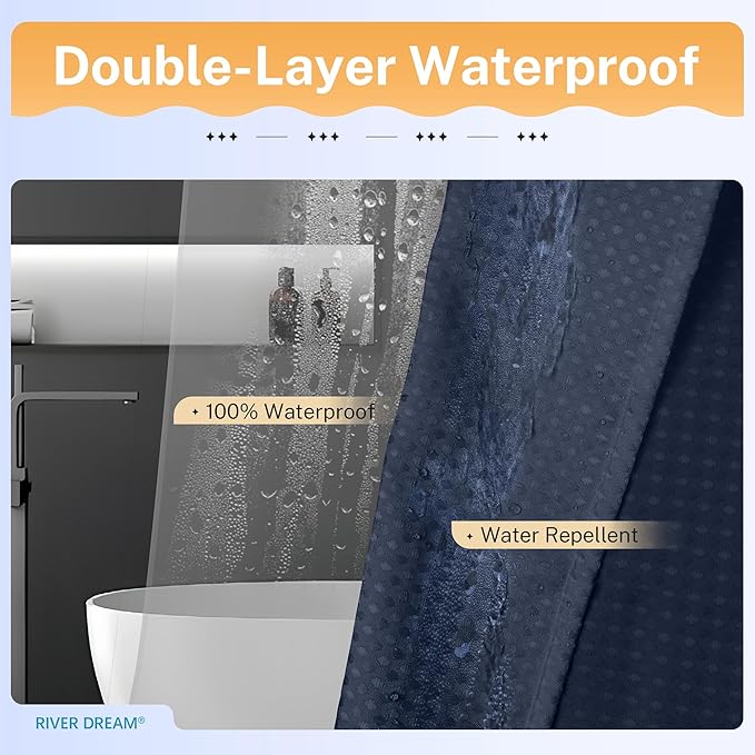 River Dream 3 in 1 Shower Curtain Set, Waffle Fabric Shower Curtain and Waterproof Clear Liner Set with Double Sided Metal Hooks, Navy Blue, 72" W*72" H