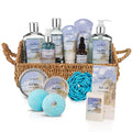 Bath Spa Gift Sets - Luxury Basket With Ocean & Coconut - Spa Kit Includes Wash, Bubble Bath, Lotion, Bath Salts, Body Scrub, Body Spray, Shower Puff, Bathbombs, Soap in Wooden Basket