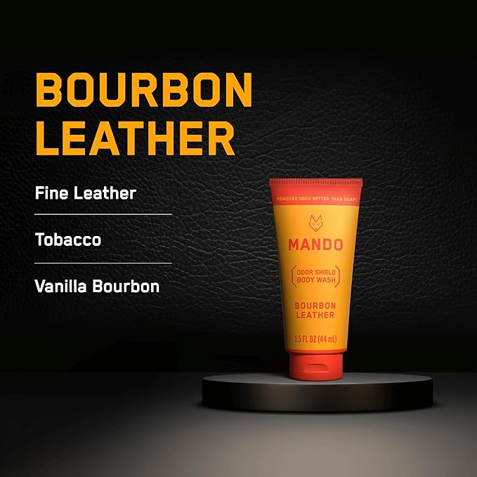 Mando Mini Body Wash - 24 Hour Odor Control - Removes Odor Better than Soap - 1.5 Ounce Tubes (Pack of 4, in 4 scents: Bourbon Leather, Pro Sport, Mt Fuji, Unscented)