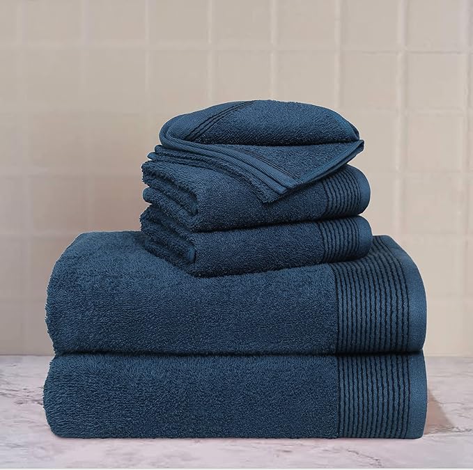 Belizzi Home 100% Cotton Ultra Soft 6 Pack Towel Set, Contains 2 Bath Towels 28x55 inchs, 2 Hand Towels 16x24 inchs & 2 Washcloths 12x12 inchs, Compact Lightweight & Highly Absorbant - Mineral Blue