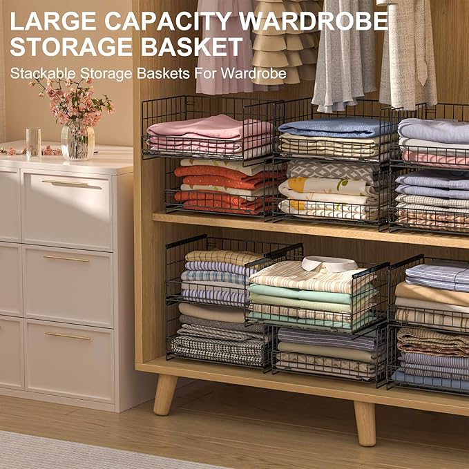 4-Tier Sliding Closet Organizers and Storage Shelves, Stackable Closet Shelf Organizer Basket Bins, Drawer Shelf Storage Container for Wardrobe Cupboard Kitchen Bathroom Office, Black