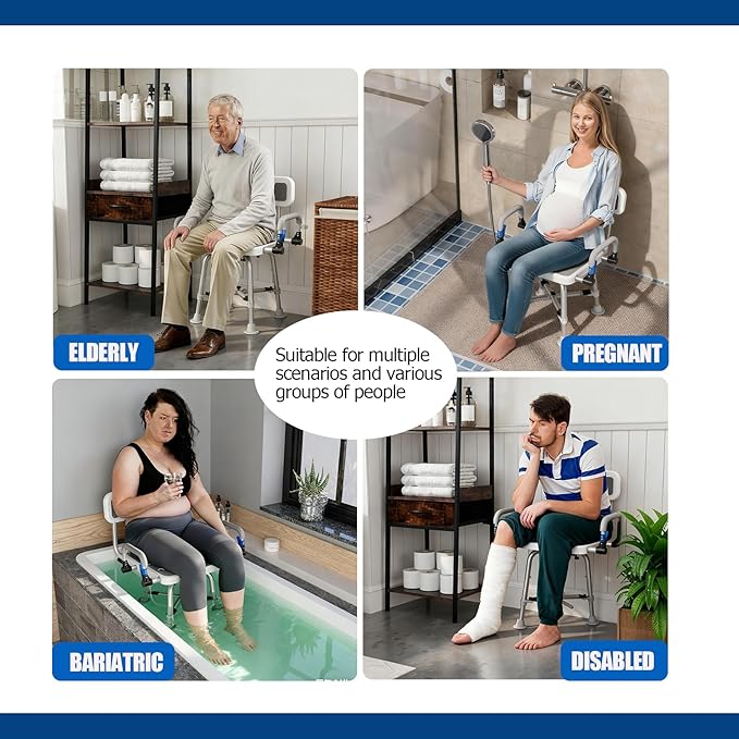 Shower Chair for Seniors Elderly Handicap Disabled Or Bariatric Adults Heavy Duty 500 Lbs Bench Seat for Inside Shower Stall and Bathroom Bath Tub with Arms and Back Adjustable Stool Chairs