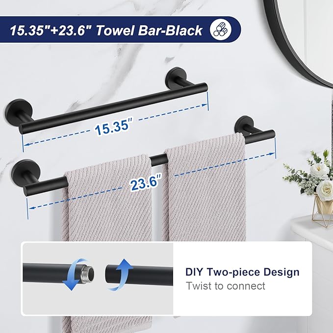 5 Pieces Matte Black Bathroom Hardware Set, 23.6-inch+15.35-inch Bathroom Towel bar SUS304 Stainless Steel Bathroom Towel Bar Set