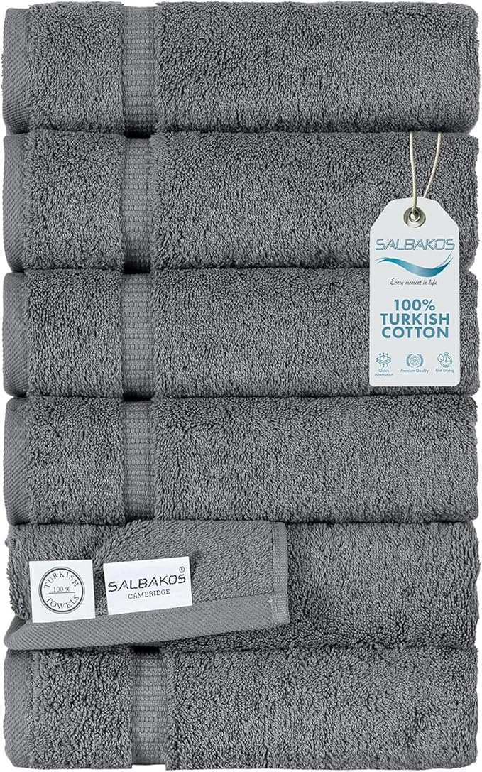 SALBAKOS 100% Turkish Cotton Hand Towel Set of 6 16x30 inch | Heirloom Quality | Hotel & Spa Collection | Ultra Soft, Super Absorbent, Long Lasting Hand Towels | Made in Turkey (Gray, 6 Hand Towels)