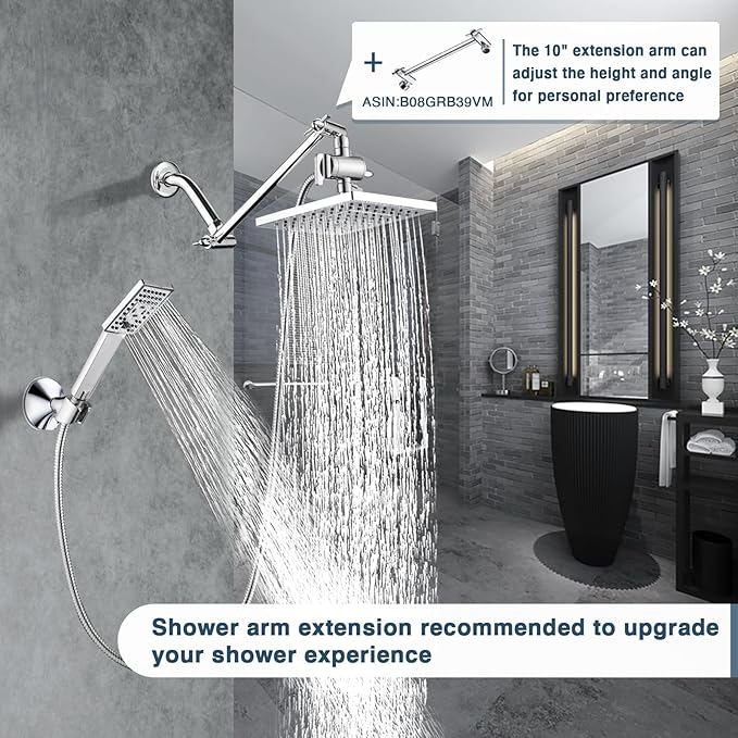 BRIGHT SHOWERS Rain Shower Head with Handheld Spray, 8 Inch High Pressure Rainfall Shower Head Combo with 60” Hose, Adjustable Dual Square Showerhead with 3-Way Diverter, Wall Bracket, Chrome