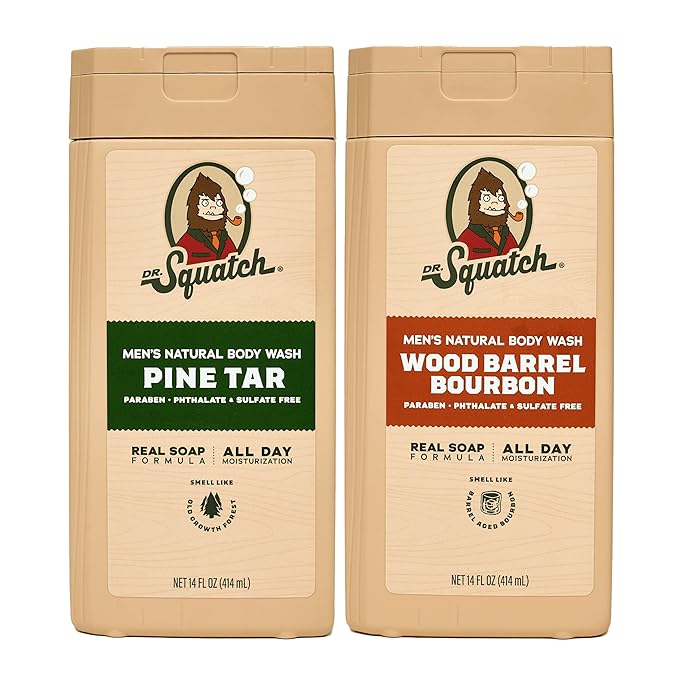 Dr. Squatch NEW Body Wash for Men with Nourishing, Natural Ingredients | No Paraben, Phthalate, Sulfate | All Day Moisture | Long Lasting Scent | Pine Tar & Wood Barrel Bourbon (14 oz, 2-Pack)
