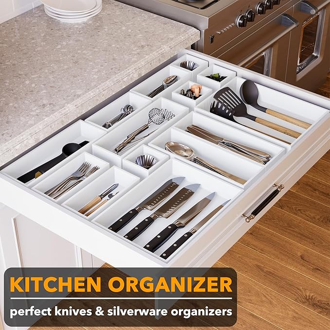 SpaceAid 14-Piece Bamboo Drawer Organizer Storage Boxes Set, Wood Tray Junk Drawer Organizers Multi-Use Divider Bins for Kitchen, Bathroom, Office Desk and Makeup Organization (14 Pack, White)