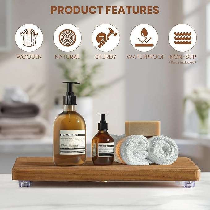 12.6"x5" Solid Teak Wood Riser & Tray - Farmhouse Organizer with Non-Slip Base | Rustic Bathroom & Kitchen Tray for Countertop, Sink Decor | Natural Finish Pedestal Stand (Neutral Home Decor)