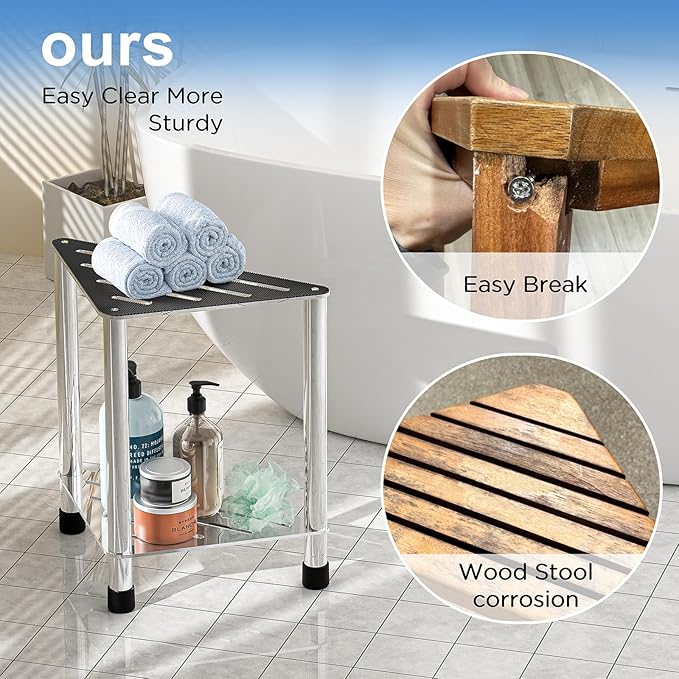 Stainless Steel Shower Stool for Inside Shower, 15.4'' H Shower Foot Rest, Corner Shower Stool with Storage Shelf, Shower Step for Shaving Legs, Bathroom Corner Shower Bench, Silver