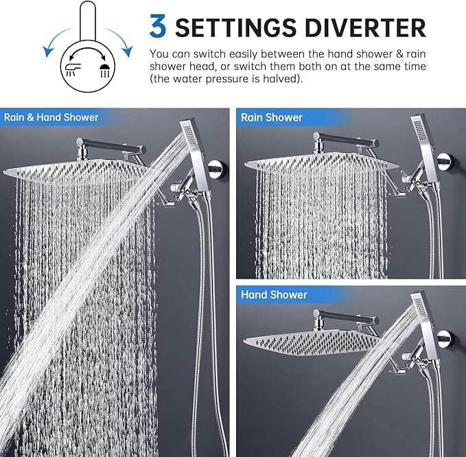 G-Promise All Metal 14 Inches Rainfall Shower Head with Handheld Spray Combo, 3 Settings Diverter, Adjustable Extension Arm with Lock Joints, 71 Inches Stainless Steel Hose (Chrome)