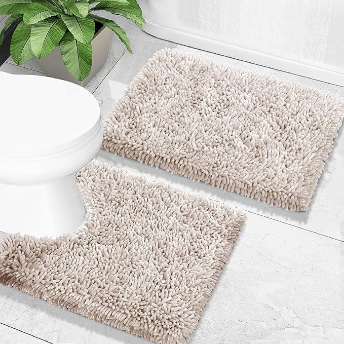 Yimobra Toilet Rugs U Shaped Washable, Extra Thick Soft Absorbent Chenille Contour Bathroom Rugs for Toilet 24x24 Inch, Quick Dry Non Slip Toilet Mat for Bath Floor, Khaki