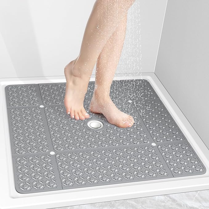 OTHWAY Square Shower Mat, 27"x 27" Extra Large Shower Mats for Inside Shower, TPE Anti Slip Shower Mat with Suction Cups Drain Holes, Machine Washable Shower Floor Mat (Grey)