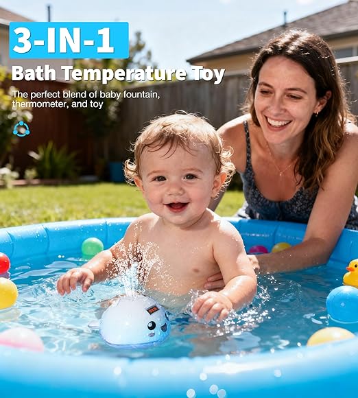 Baby Bath Toy Sprinkler with Thermometer, Temp Alarm & Backlit Display, BPA-Free | CPC Certified for Safety, Light Up Whale Bath Toy for Kids Ages 1-3, Bathtub Water Toys for Toddler, Newborn