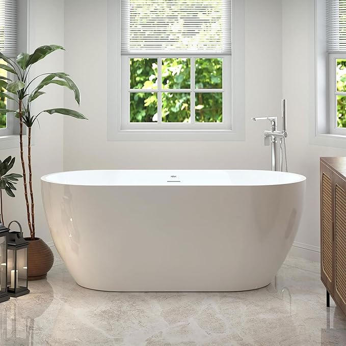 FerdY Bali 59" Acrylic Freestanding Bathtub, Gracefully Shaped Freestanding Soaking Bathtub with Brushed Nickel Drain & Minimalist Linear Design Overflow, Glossy White, cUPC Certified