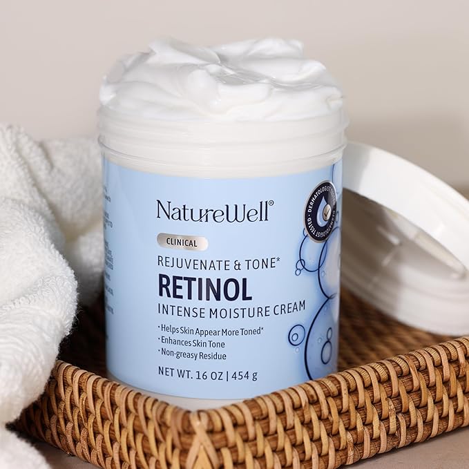 NATURE WELL Clinical Rejuvenate & Tone Retinol Intense Moisture Cream 2.0 for Face, Body, & Hands, Anti-Aging, Targets Discoloration, Wrinkles, Sun Damage, Crepey, & Sagging Skin, 16 Oz