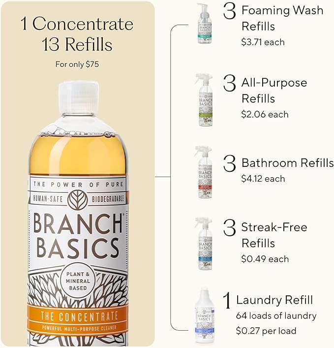 Branch Basics Premium Starter Kit: All Purpose, Glass, and Bathroom Cleaner plus our Foaming Wash, and Laundry Bottle (3 Plastic Spray Bottles + Concentrate) Fragrance-Free