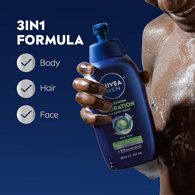 Nivea Men Maximum Hydration Body Wash for Dry Skin, Aloe Vera Enriched, 3-in-1 Moisturizing Body Wash, Face and Hair, Paraben Free, Vegan Formula, 30 Fl Oz Bottle